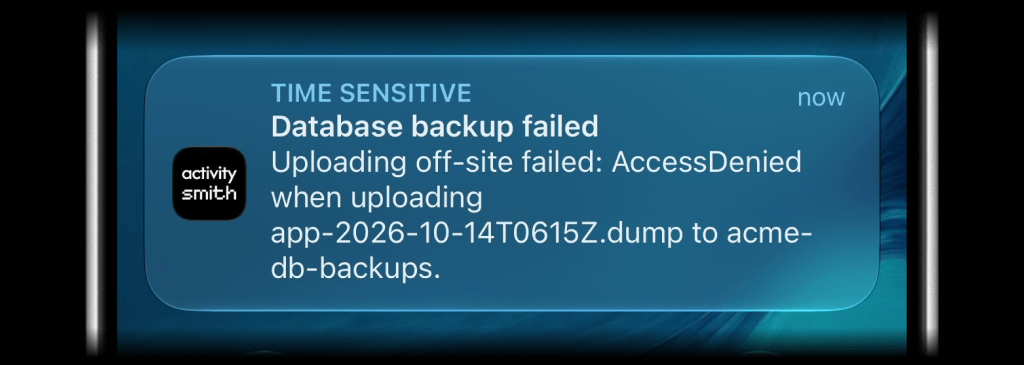 Time-sensitive ActivitySmith Push Notification showing a failed database backup upload