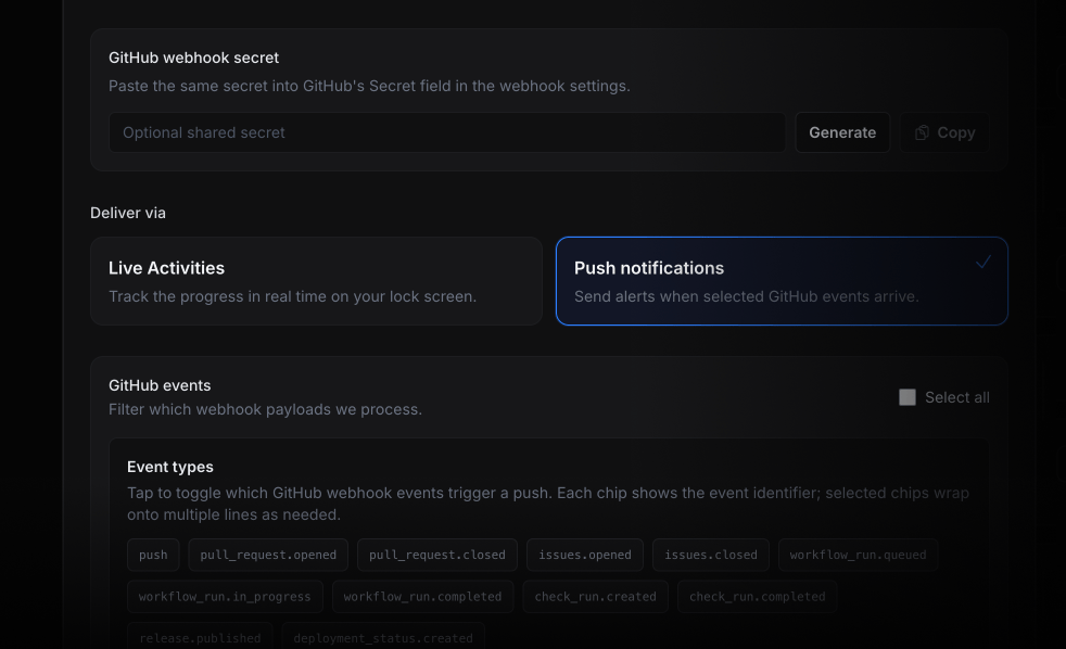 Create ActivitySmith GitHub webhook to deliver repository and organization events as Push Notifications on iOS