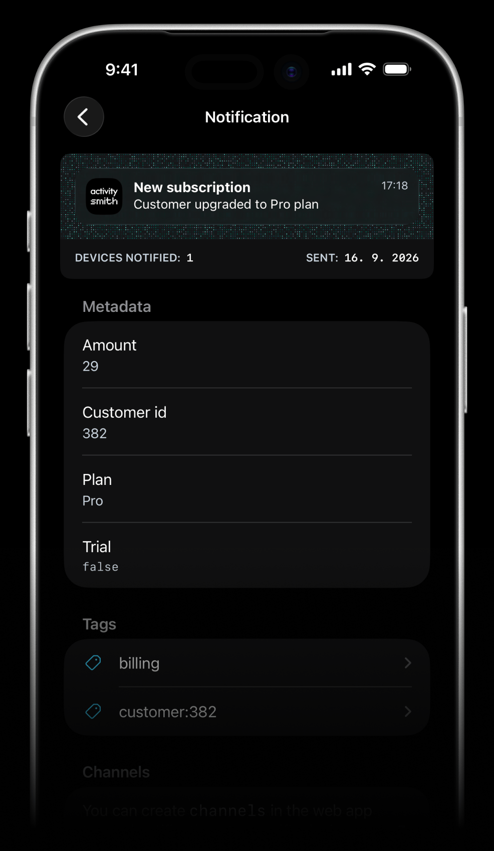 Push Notification detail showing metadata in ActivitySmith for iOS