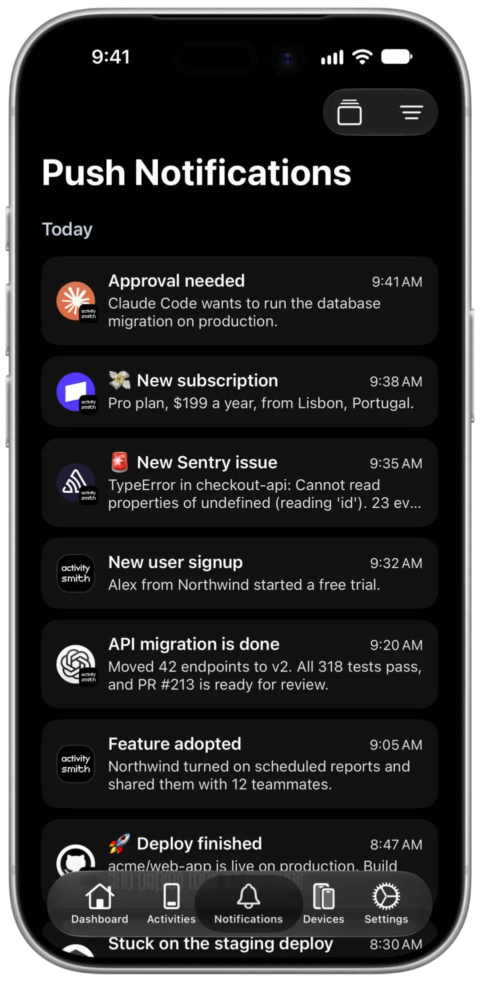ActivitySmith iOS app showing Push Notifications from agents, payments, errors, signups, and deploys