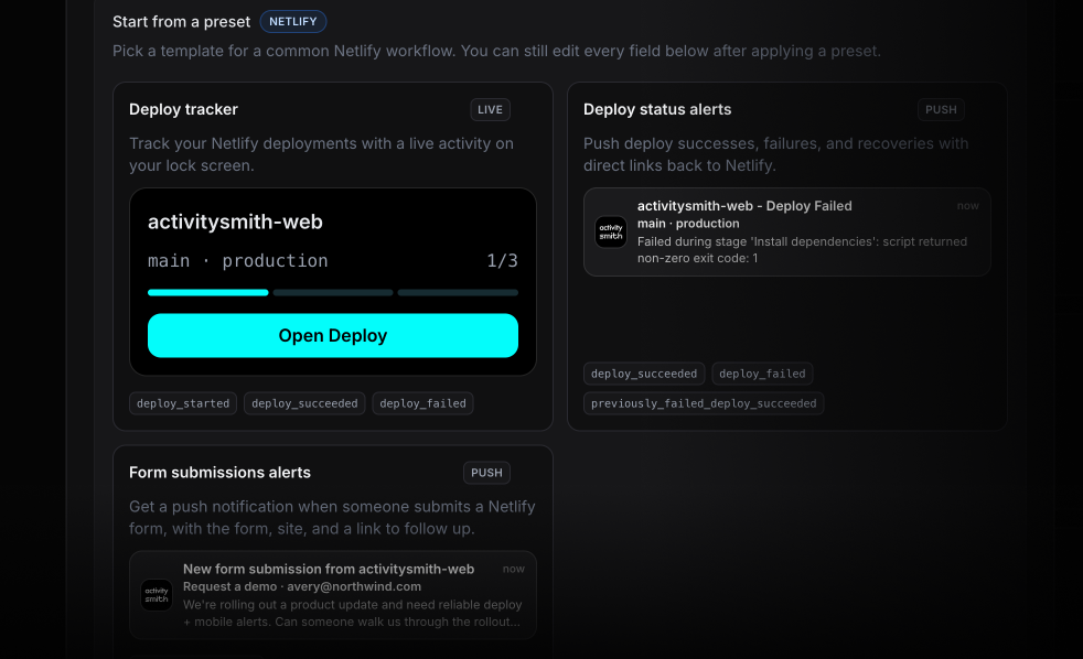 ActivitySmith Netlify configuration for Push Notifications and Live Activities