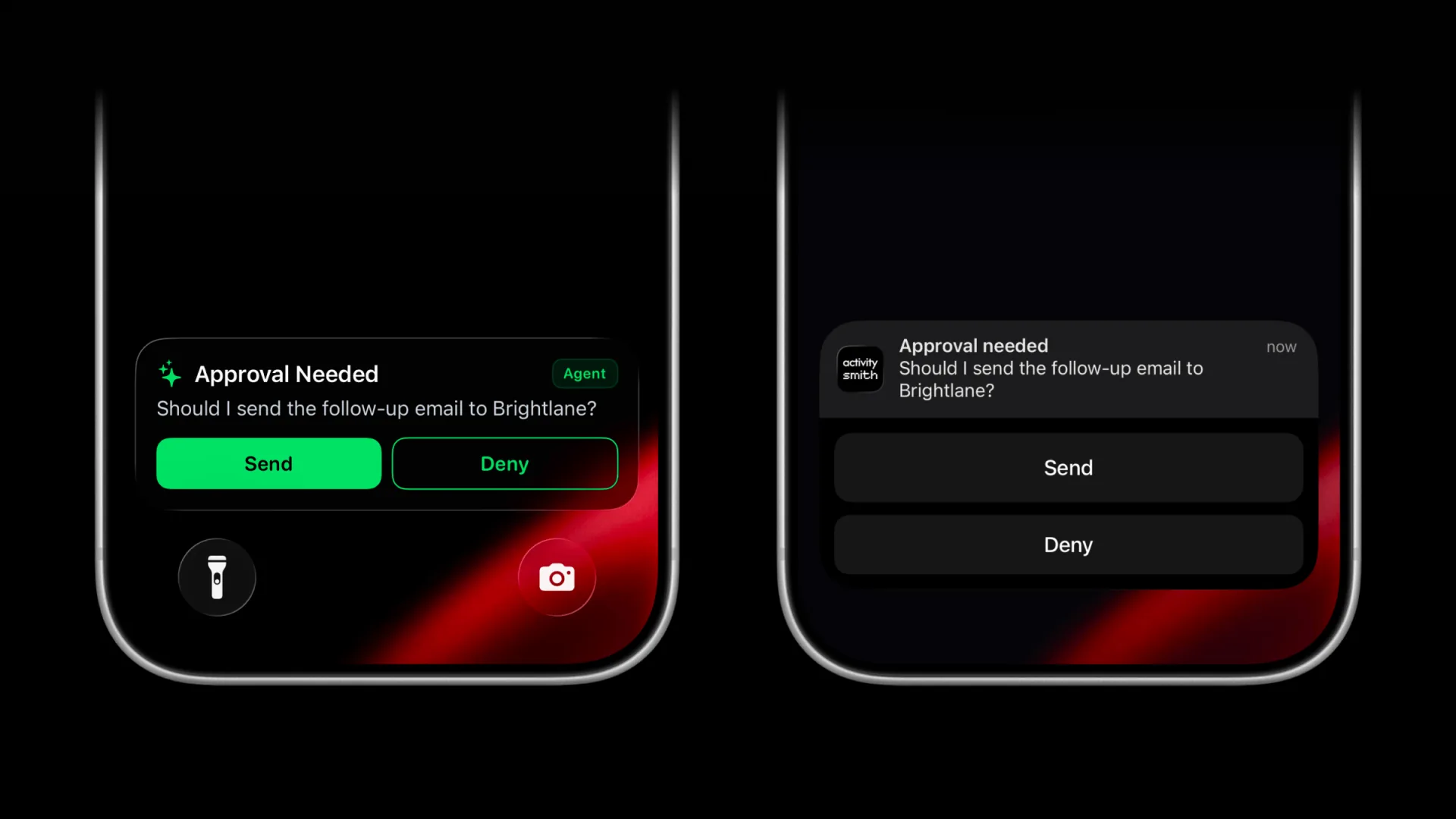 ActivitySmith approval request shown as a Live Activity and actionable Push Notification