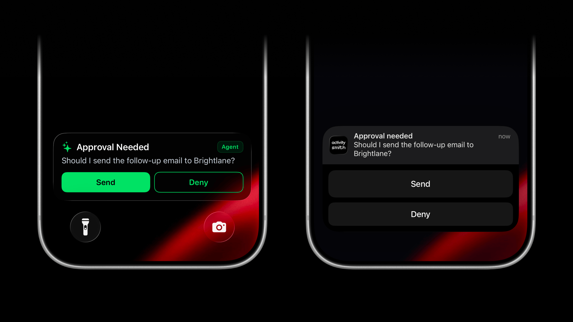 ActivitySmith approval request shown as a Live Activity and actionable Push Notification