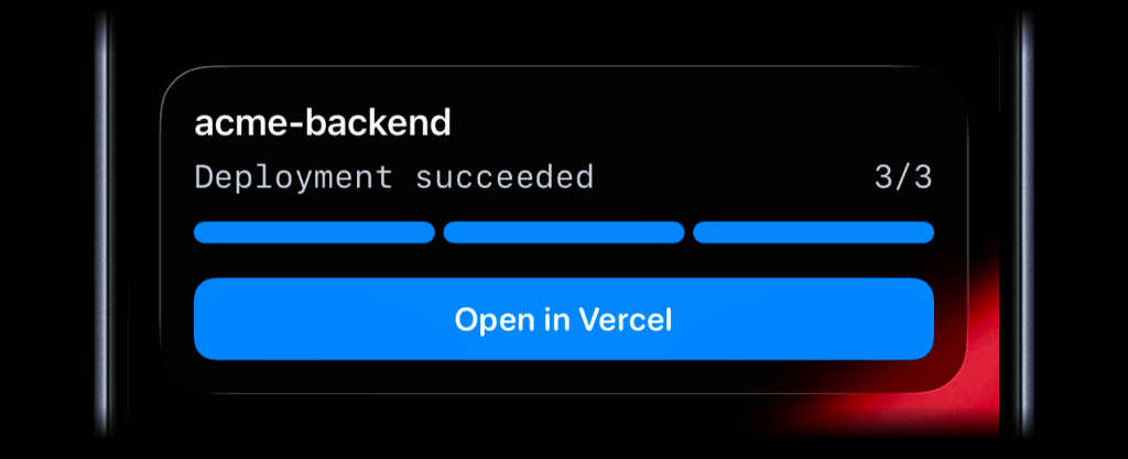 ActivitySmith Live Activity showing completed Vercel deployment progress on iPhone
