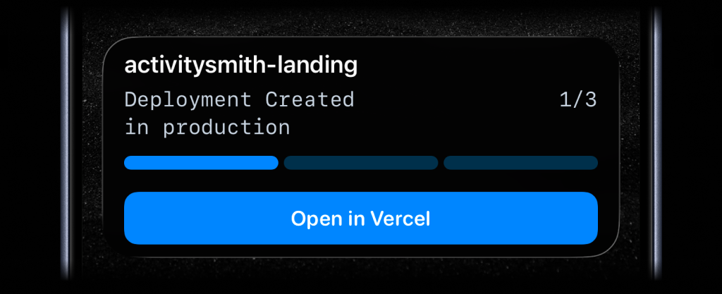 Vercel deployment Live Activity on iPhone showing deploy progress on the lock screen