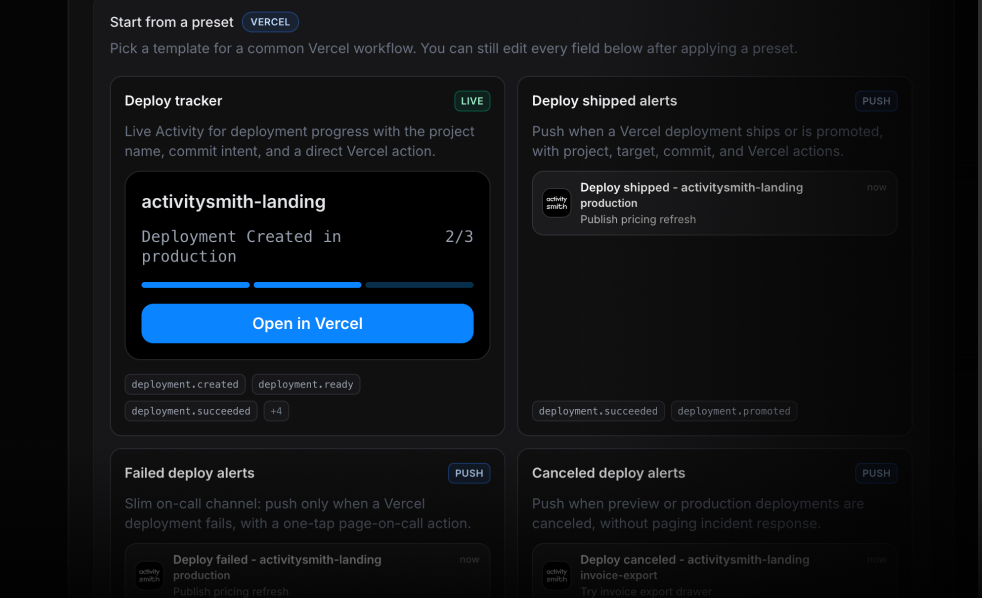 ActivitySmith Vercel ready-to-use presets for Live Activities and push notifications